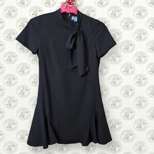 CeCe Black Short Sleeve Mock Neck Tie Front Ruffle Little Black Dress Size 8